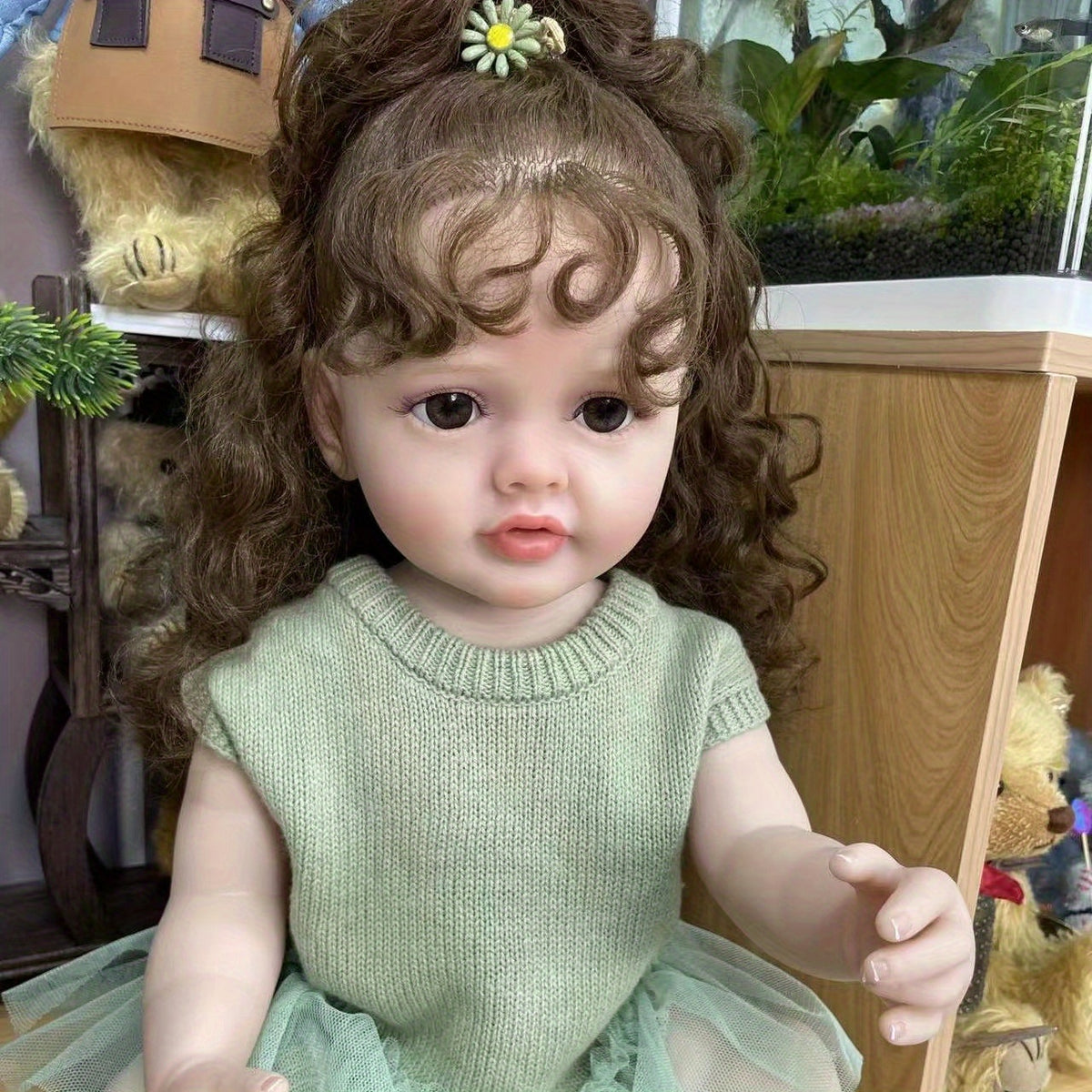 22 Inch Reborn Baby Dolls Lifelike Newborn Doll Curly Hair Full Vinyl Girl Doll