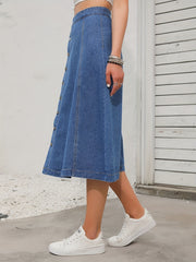 Non Stretch Denim Midi Skirt Single Breasted Button Casual Denim Skirt