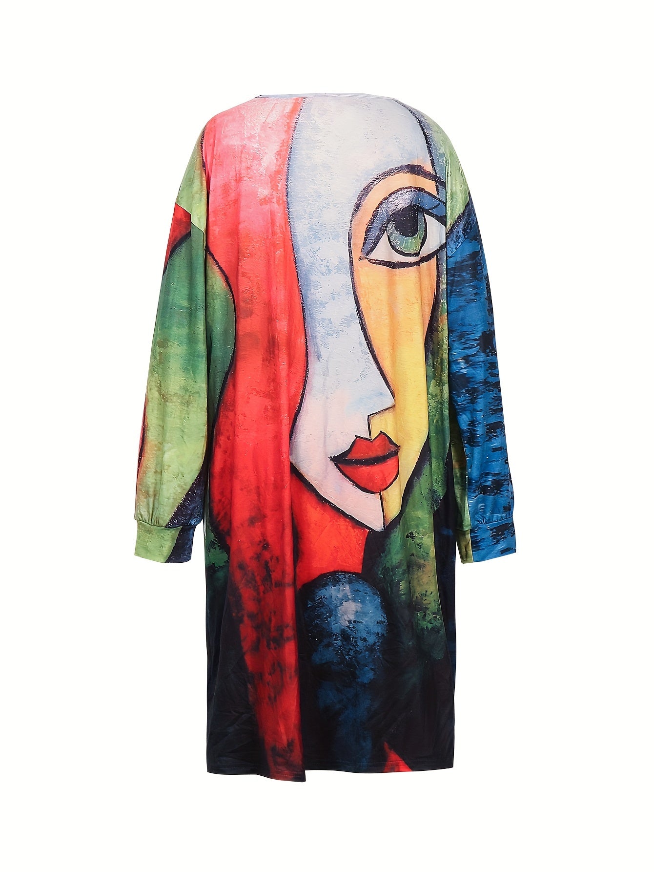 Women's Plus Face Print Long Sleeve V Neck Dress With Pockets
