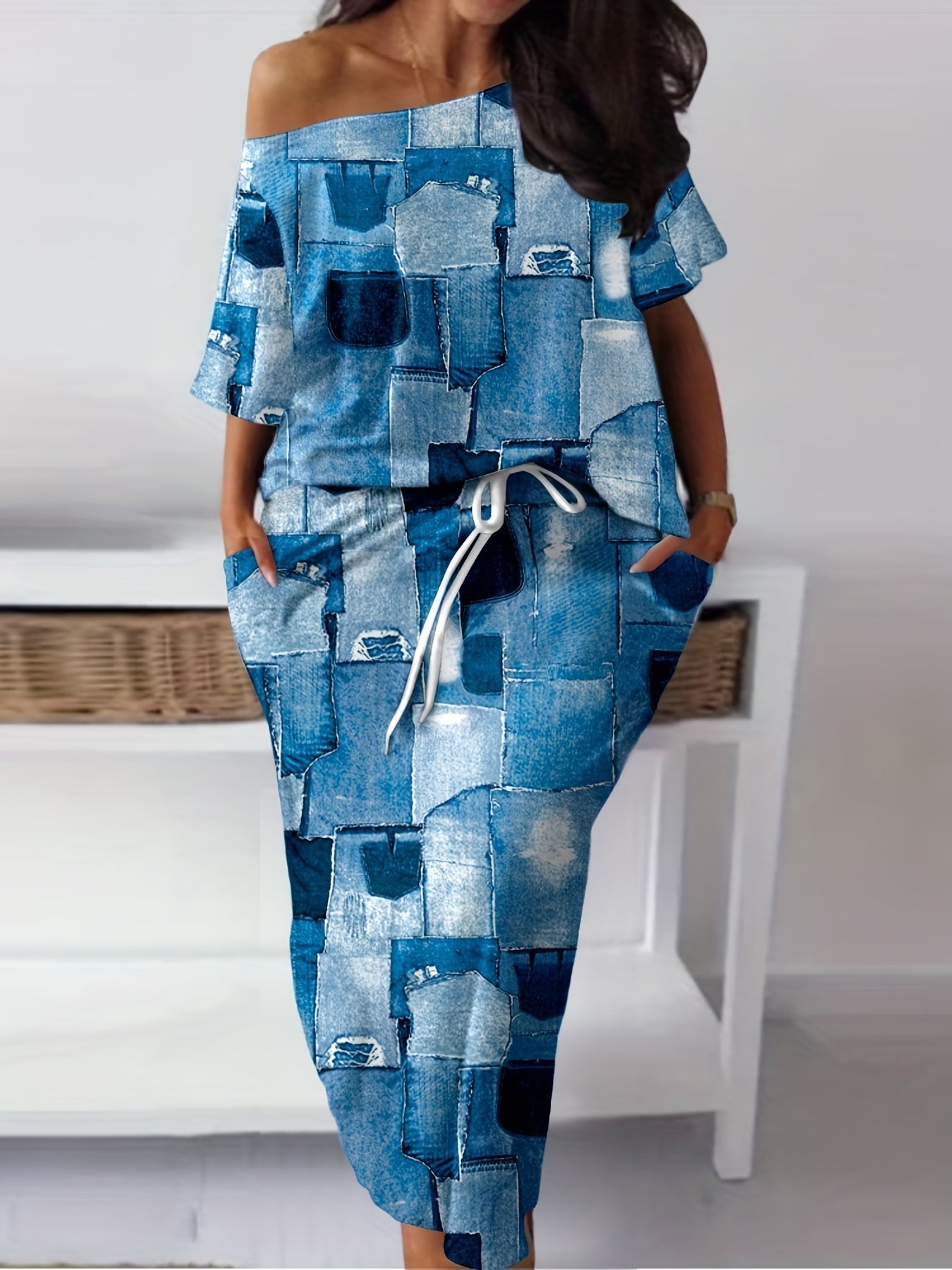  Denim Print One Shoulder Top & Skirt Set