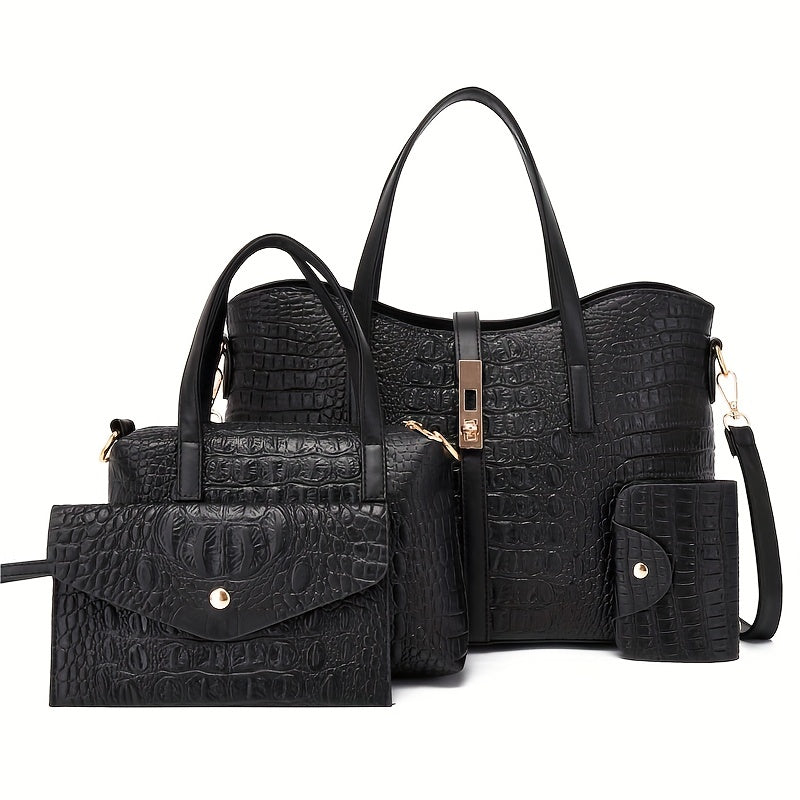 Crocodile Pattern Handbag Set Tote Bag Crossbody Satchel Purse Wristlet Clutch
