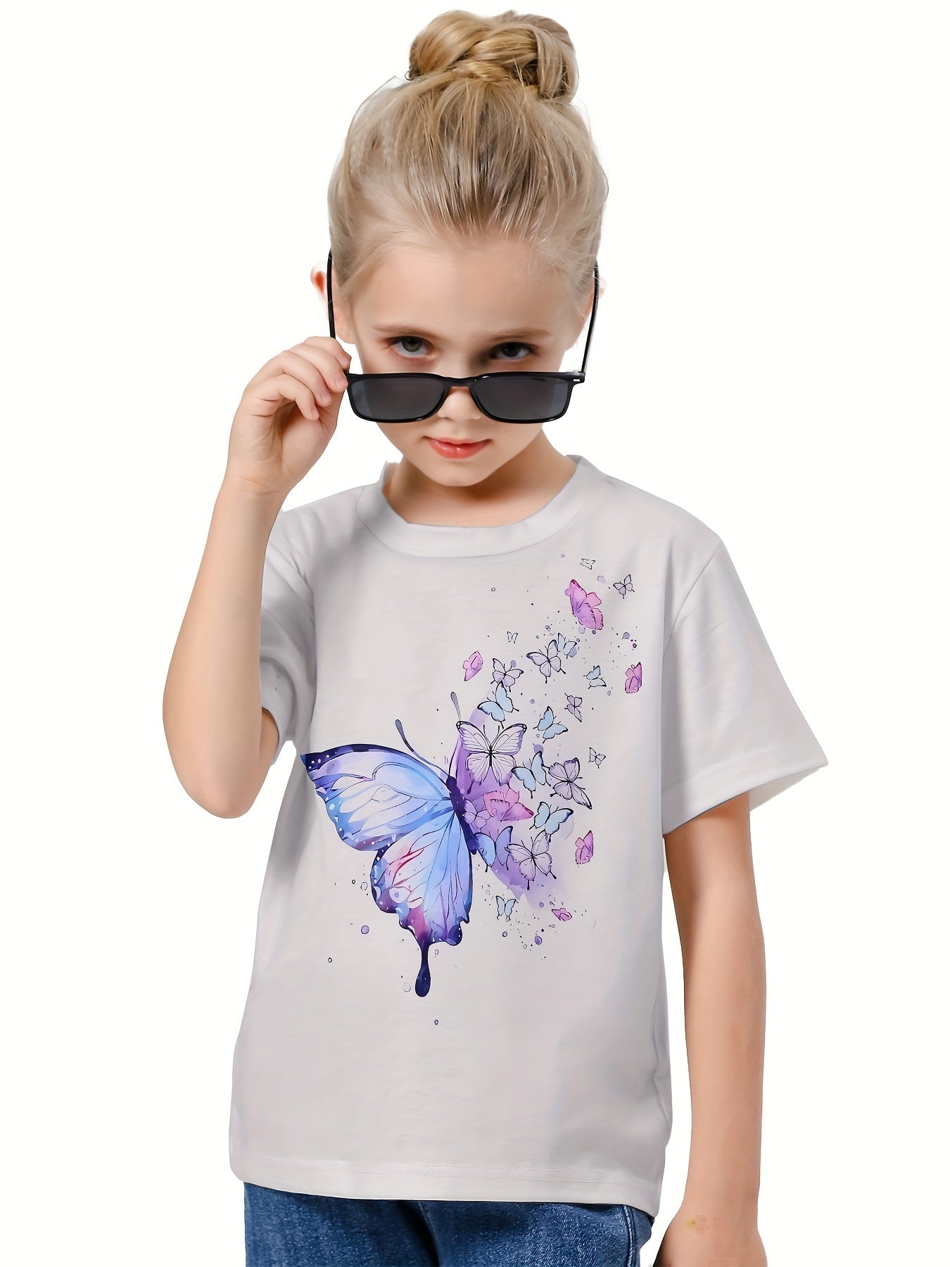 3D Butterfly Graphic Crew Neck Short Sleeve T shirt Girls Casual Pullover Tops