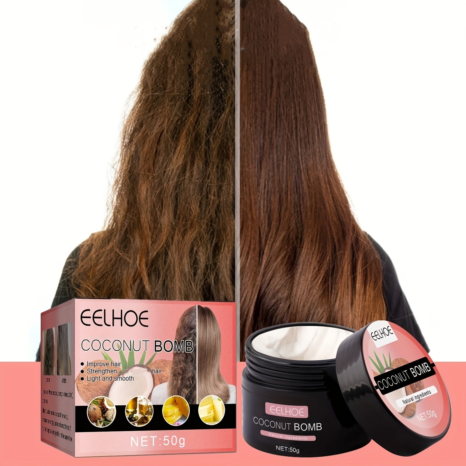 50g Coconut Bomb Hair Mask Repairs Dry & Damaged Hair, Makes Hair Smooth