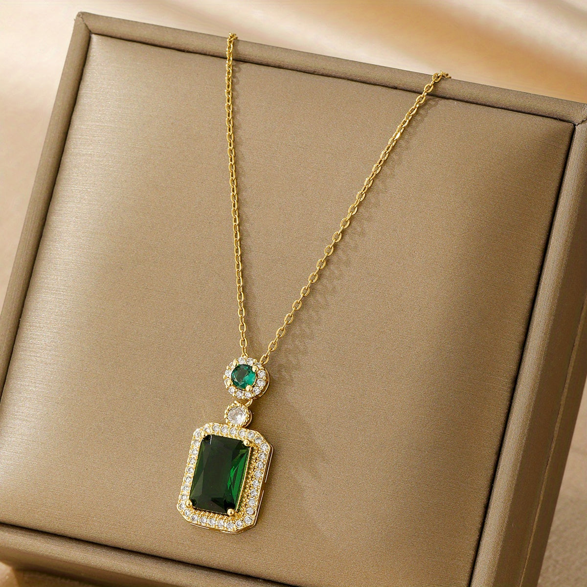Men's Stainless Steel Rhinestone Necklace Emerald Zircon Gift