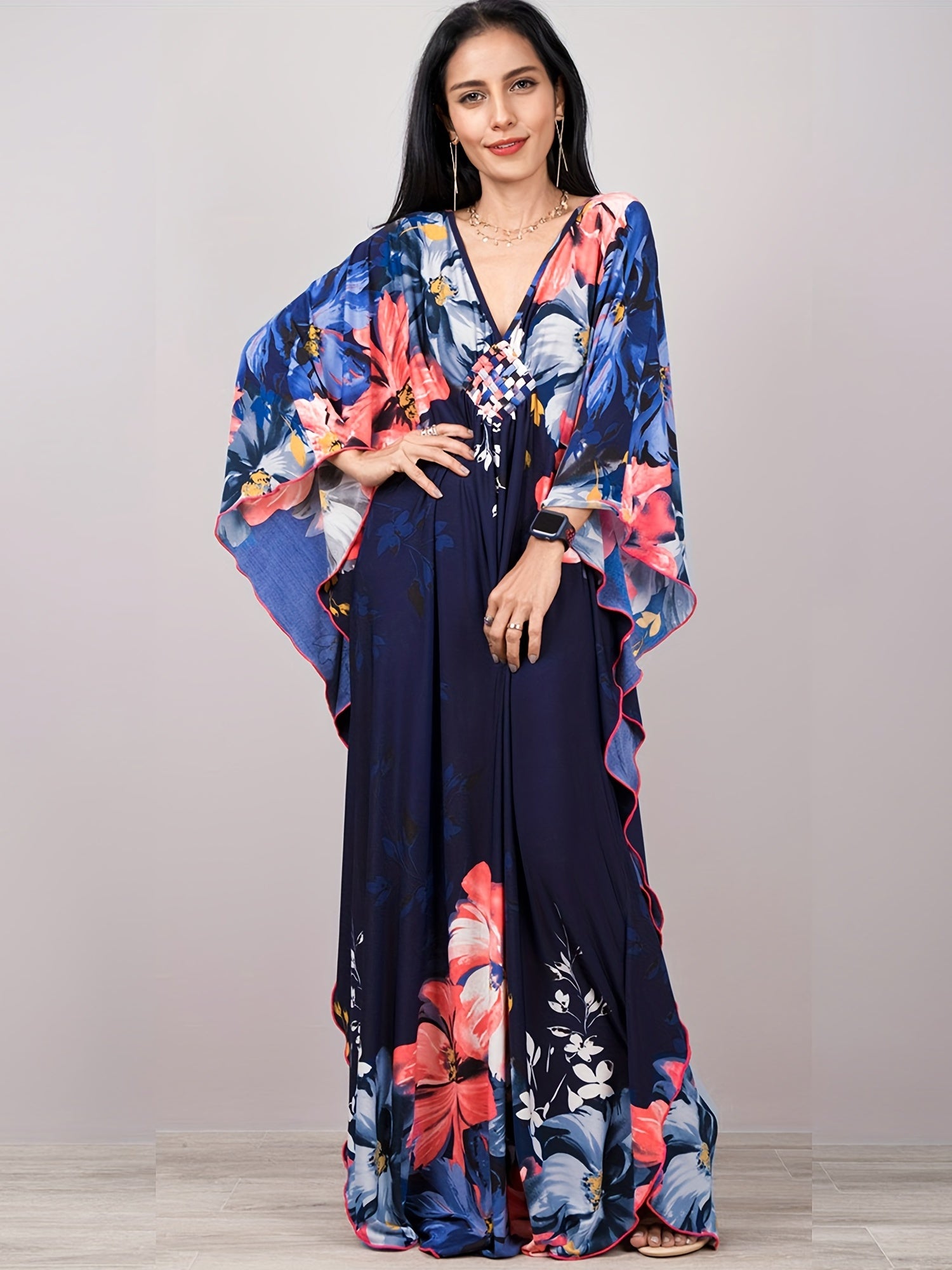 Floral Print Kaftan Dress V Neck Beach Vacation Dress For Spring & Summer