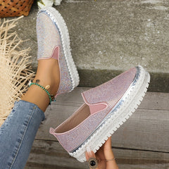 Women's Rhinestone Platform Loafers Slip On Shoes