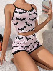 Bat Print Pajama Set Lace Trim Cami Top & Shorts Women's Sleepwear
