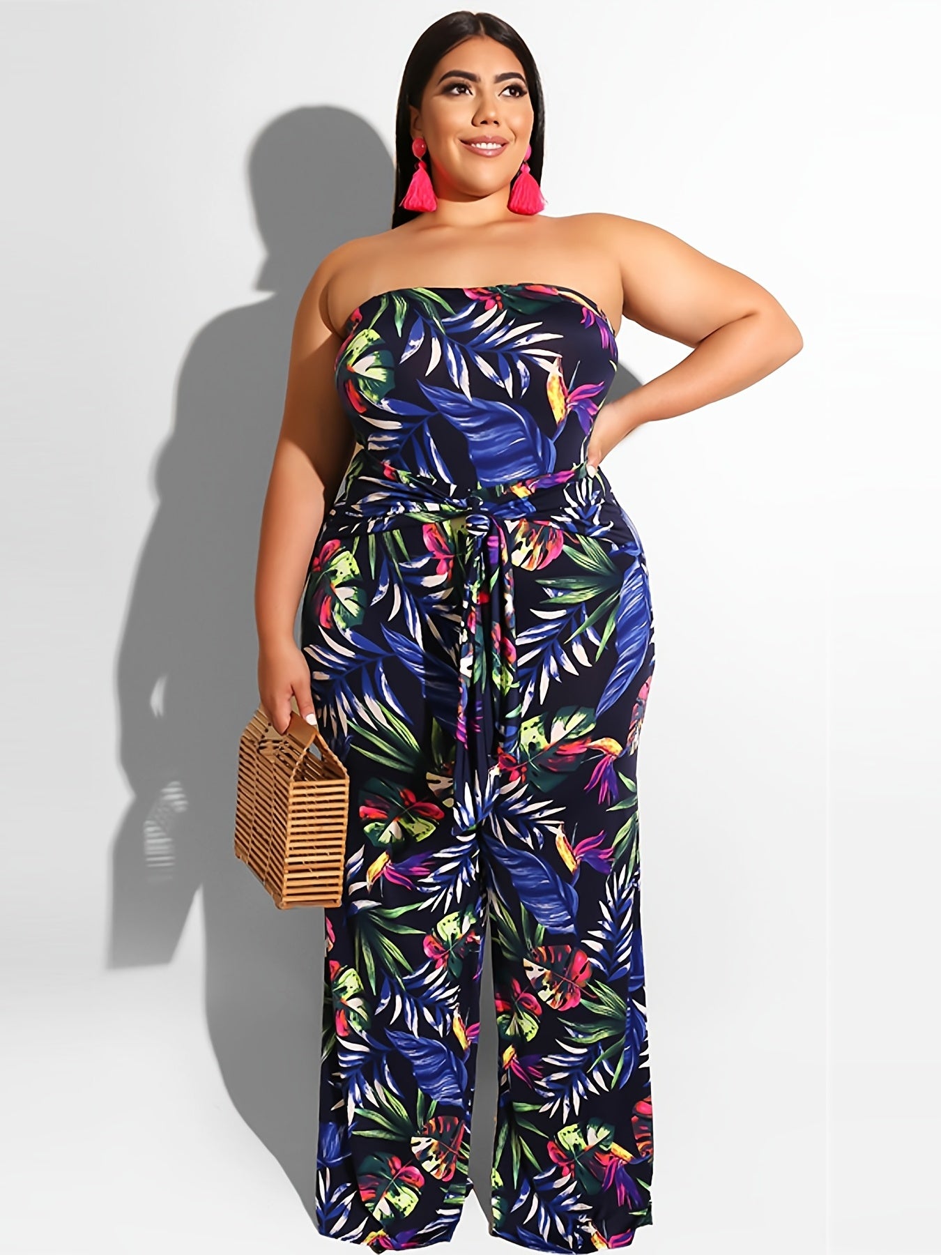  Tropical Print Strapless Jumpsuit