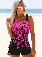  Leaf Print Tankini Set Women's Cami Top & Lace Up Shorts Swimsuit