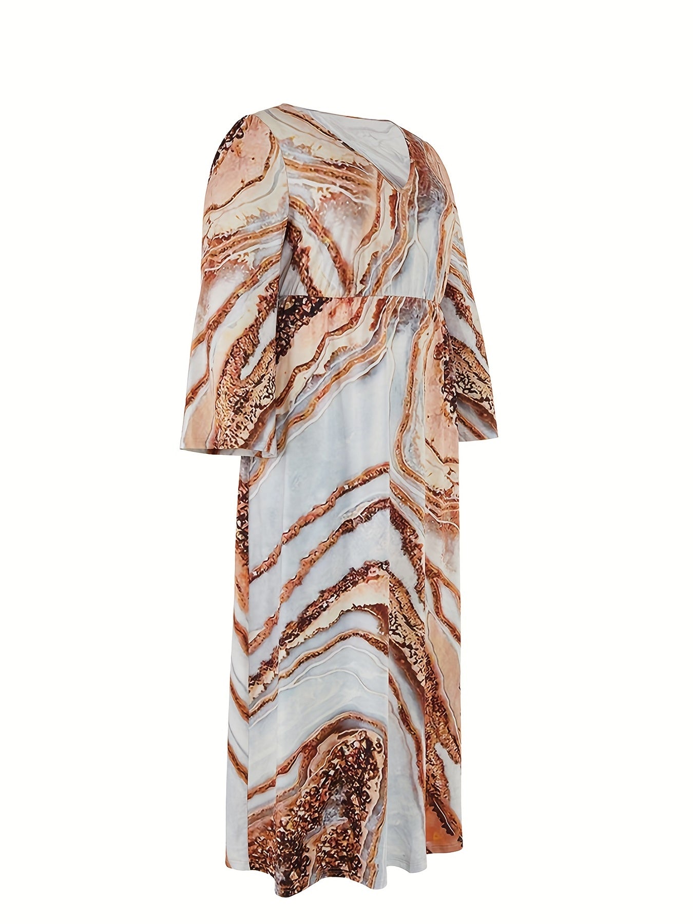 Marble Print Long Sleeve V Neck Pleated Dress