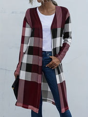  Colorblock Gingham Print Open Front Cardigan
