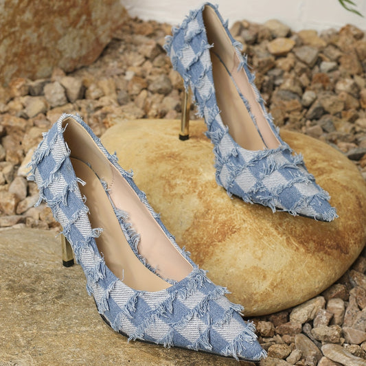 Women's Plaid Stiletto Heels Point Toe Pumps Tassel Detail Slip On Comfort