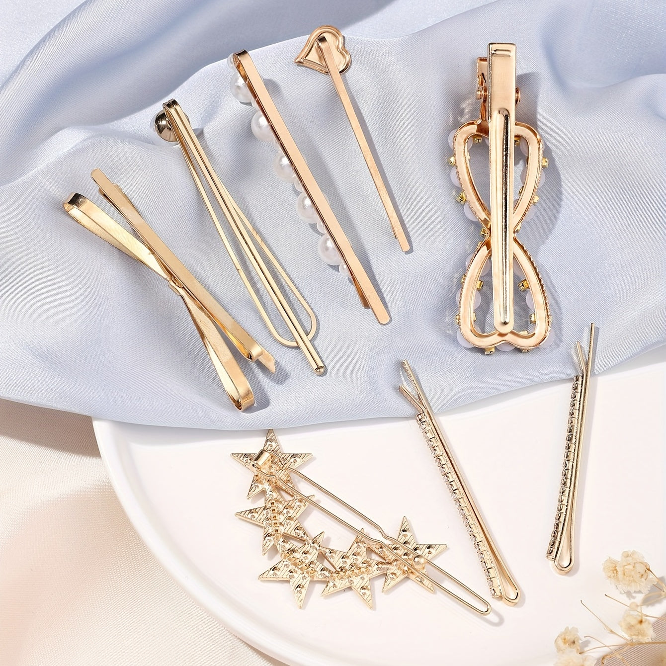 8pcs Hair Pin Metal Clip Pearl Rhinestone Decor Hairpin Bow Shape Women Girls