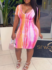  Casual Dress Tie Dye V Neck Slim Fit Dress
