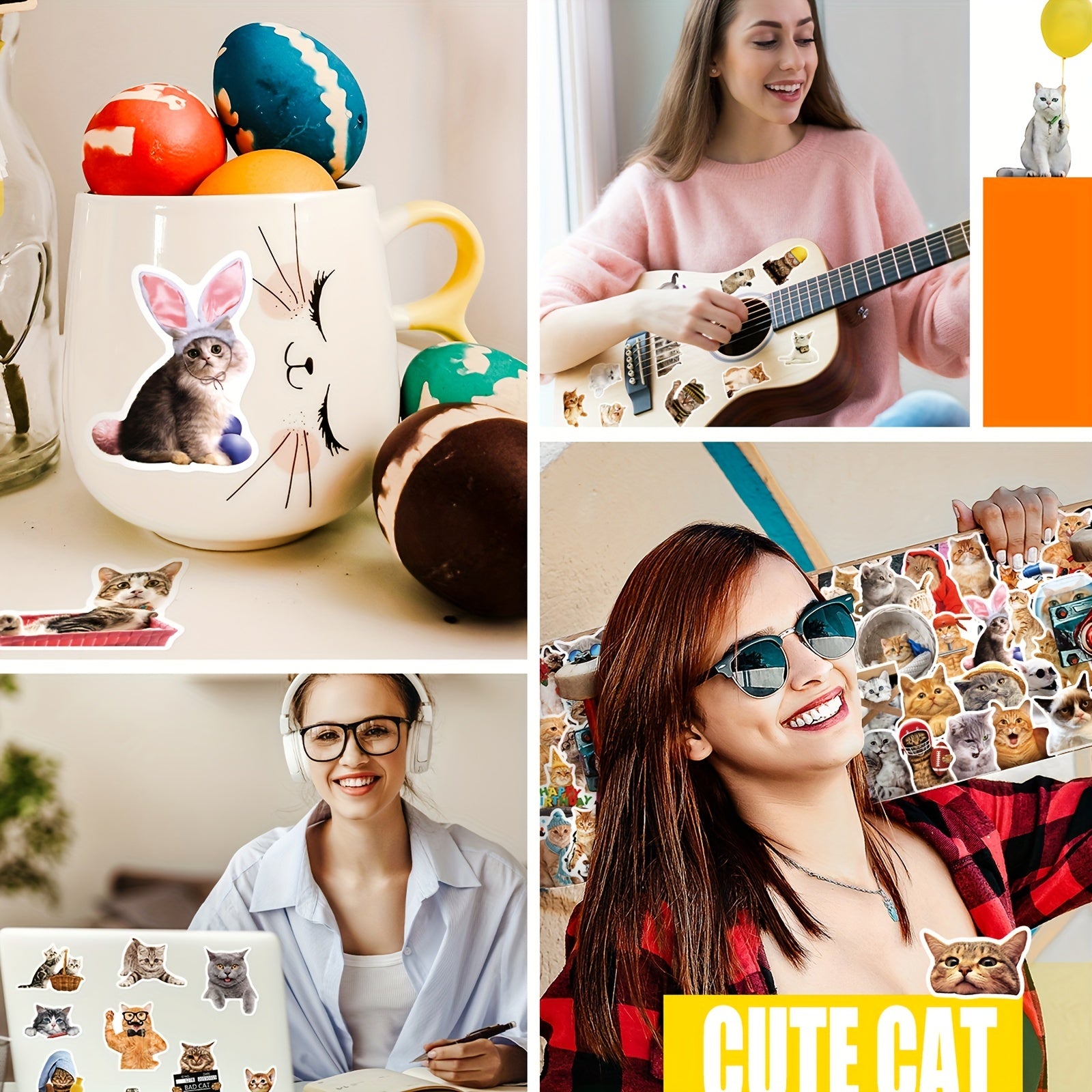 100pcs Cat Stickers Waterproof Vinyl Water Bottle Laptop Phone