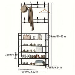 Metal Clothes Storage Rack with Shoe Storage, 8 Hooks for Hats, Coats