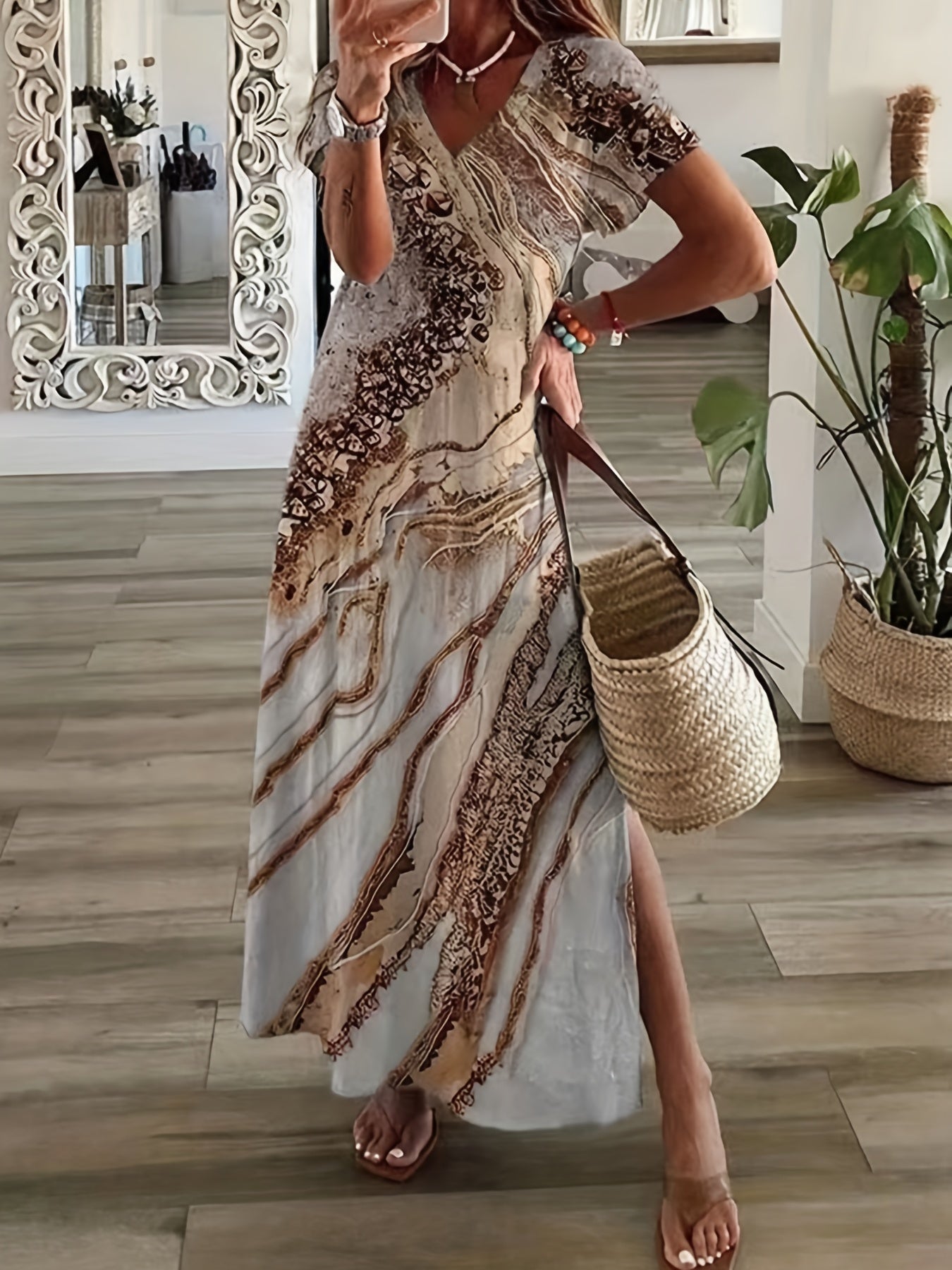 Floral Print V Neck Short Sleeve Boho Maxi Dress
