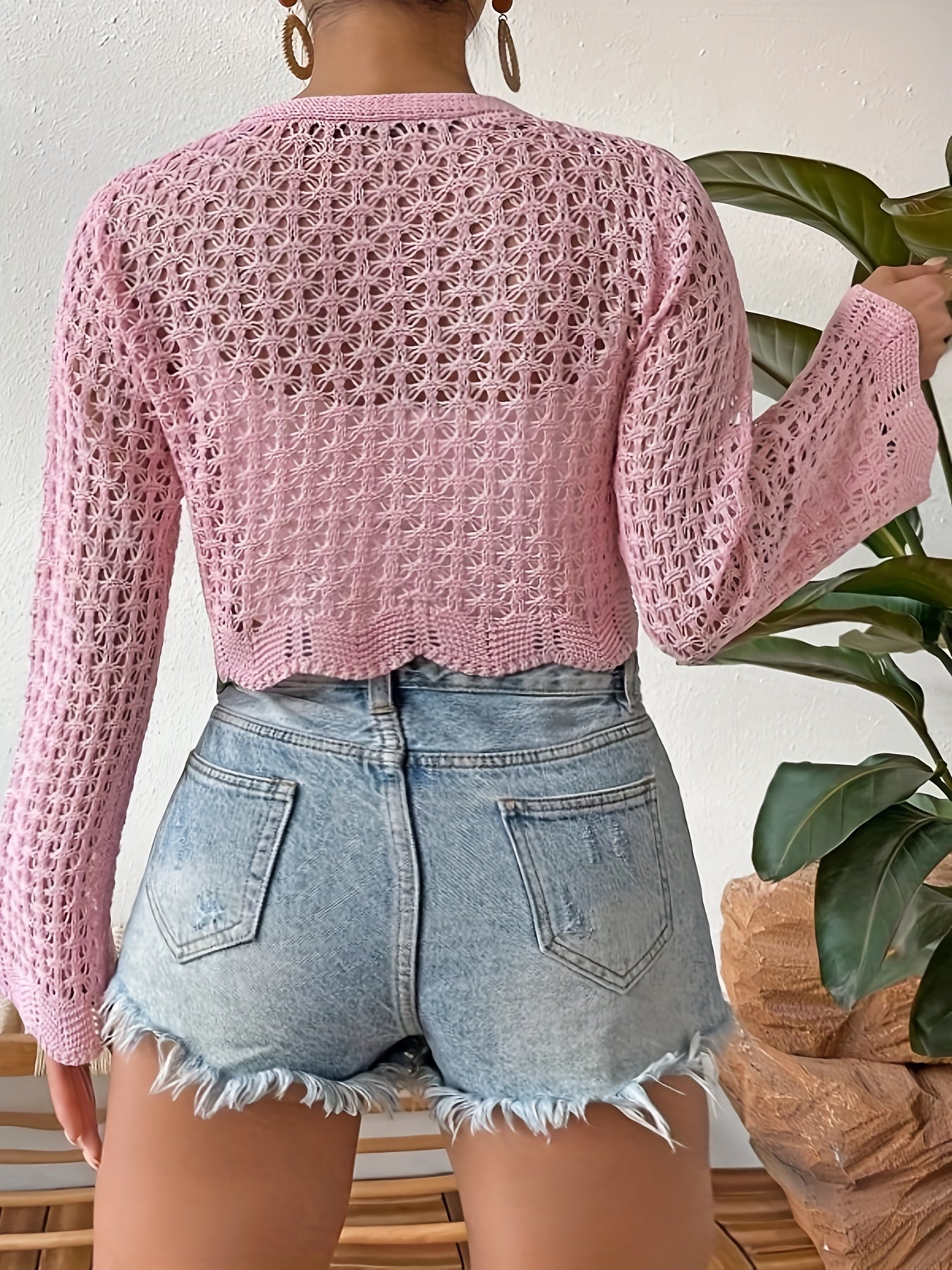  Casual Cardigan Women's Plus Solid Hollow Out Long Sleeve