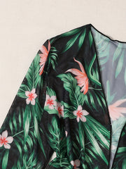 Floral Leaf Print Open Front Long Sleeve Cardigan Cover Up