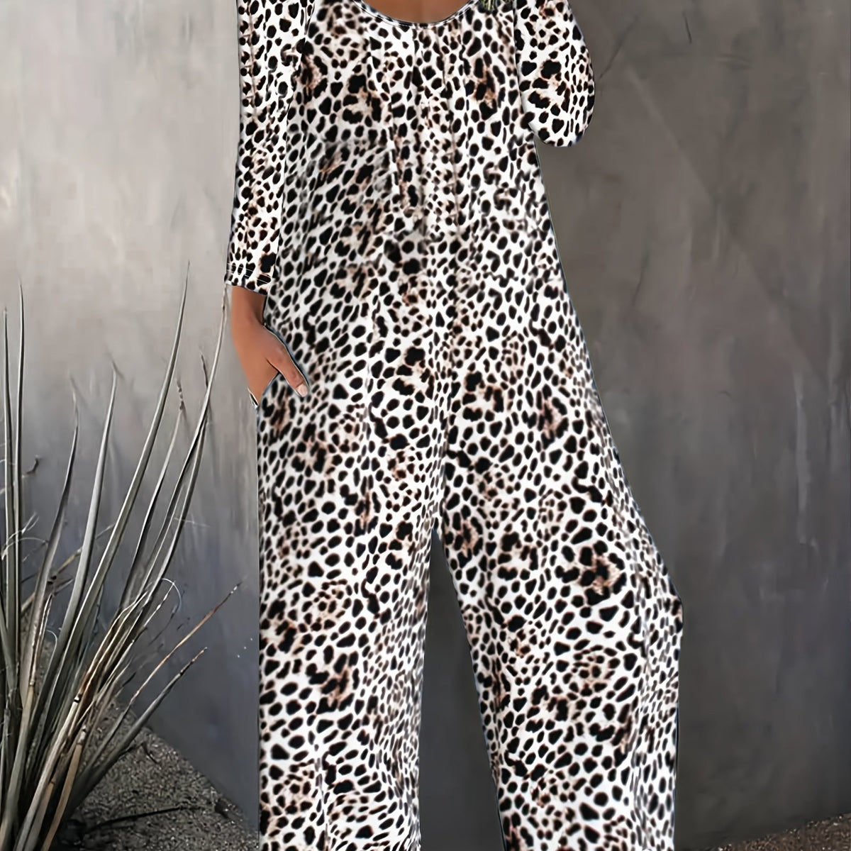  Leopard Print Long Sleeve Wide Leg Jumpsuit With Pockets