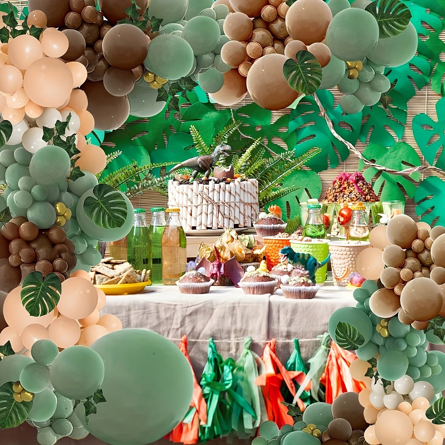 142pcs Green Brown Balloon Garland Jungle Safari Wild Forest Balloon Arch