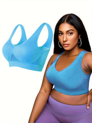  Sports Bra Women's Plus Solid Hollow Out Breathable Mesh Tank Bra
