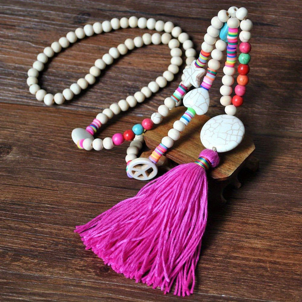 Colorful Beaded Tassel Long Necklace Stone Pendant Boho Summer Jewelry