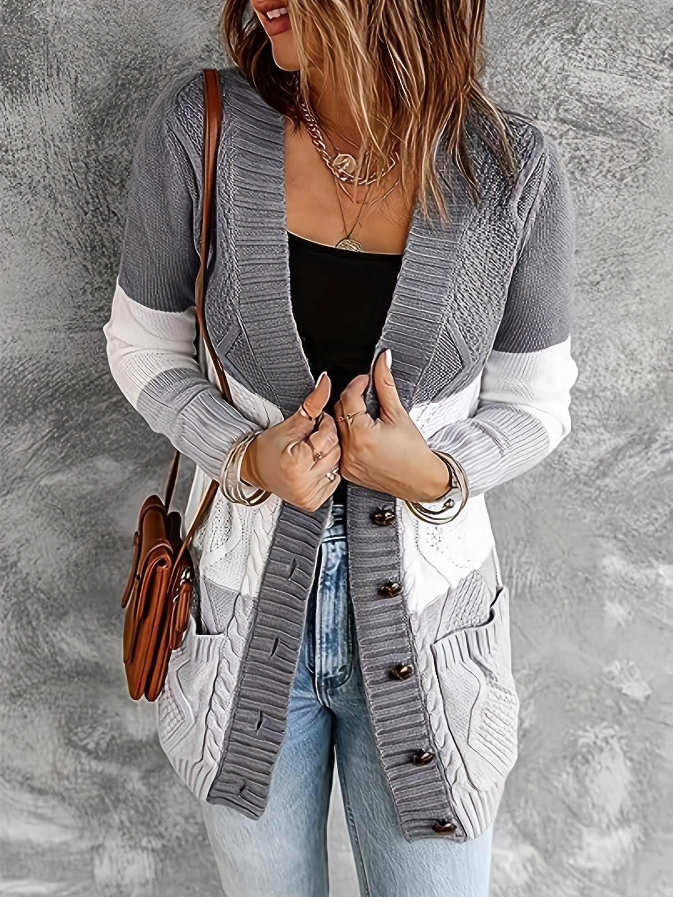  Colorblock Cable Button Up Cardigan with Pockets