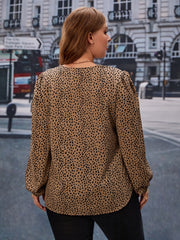 Women's Plus Leopard Print Lantern Sleeve V Neck Slight Stretch Top