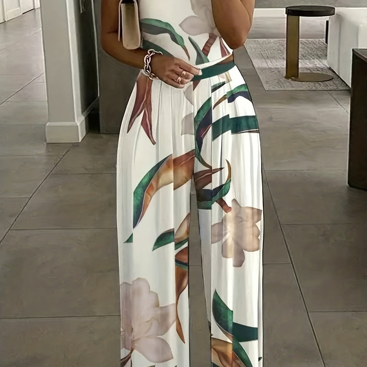  Floral Print One Shoulder Wide Leg Jumpsuit