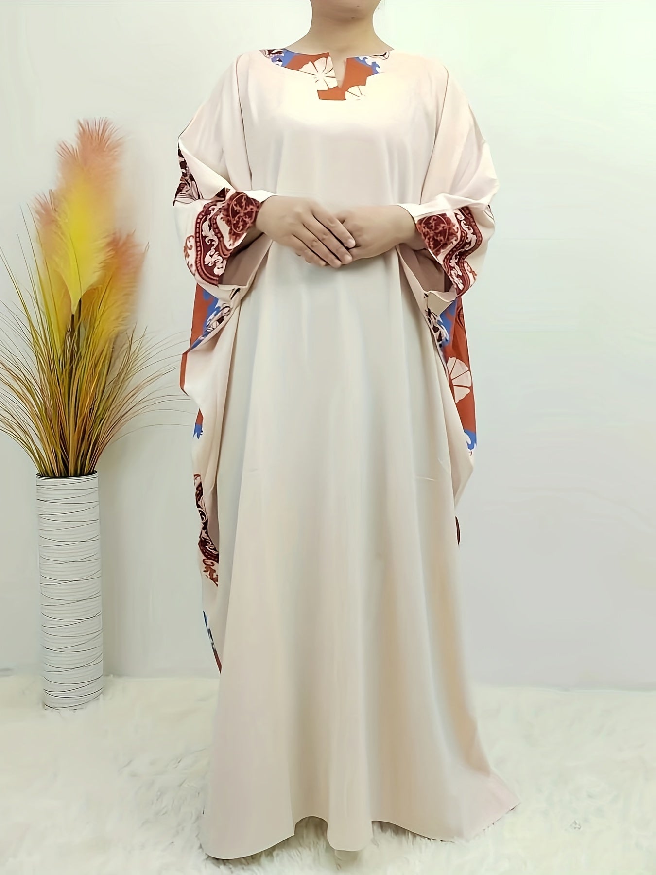  Floral Print Kaftan Dress Colorblock Bat Sleeve Maxi Dress