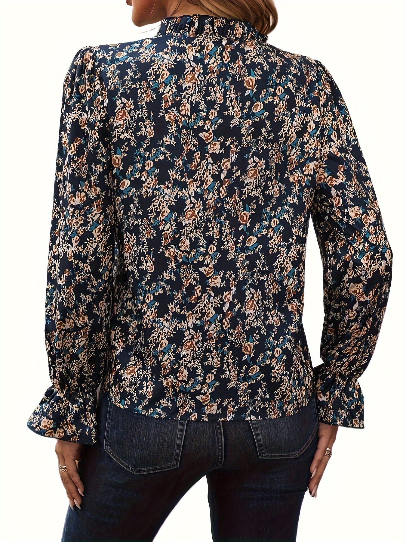  Ditsy Floral Print Ruffle Trim Blouse