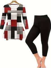  Geo Print Peplum Top & Pants Set