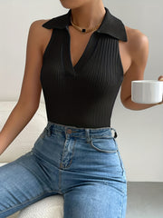 Knitted Polo Collar Top Sleeveless Tank