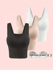 3pcs Ribbed Tank Top Bra Detachable Chest Pads Women's Lingerie