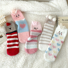 5 Pairs Animal Pattern Plush Socks Soft Mid Tube Women's Stockings