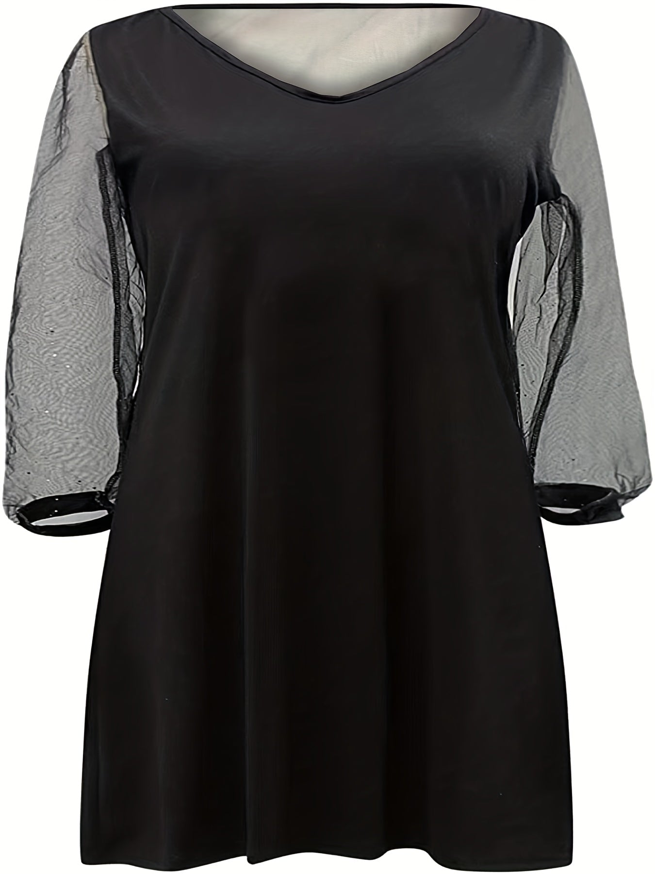  Contrast Mesh Sequin Long Sleeve V-Neck Dress