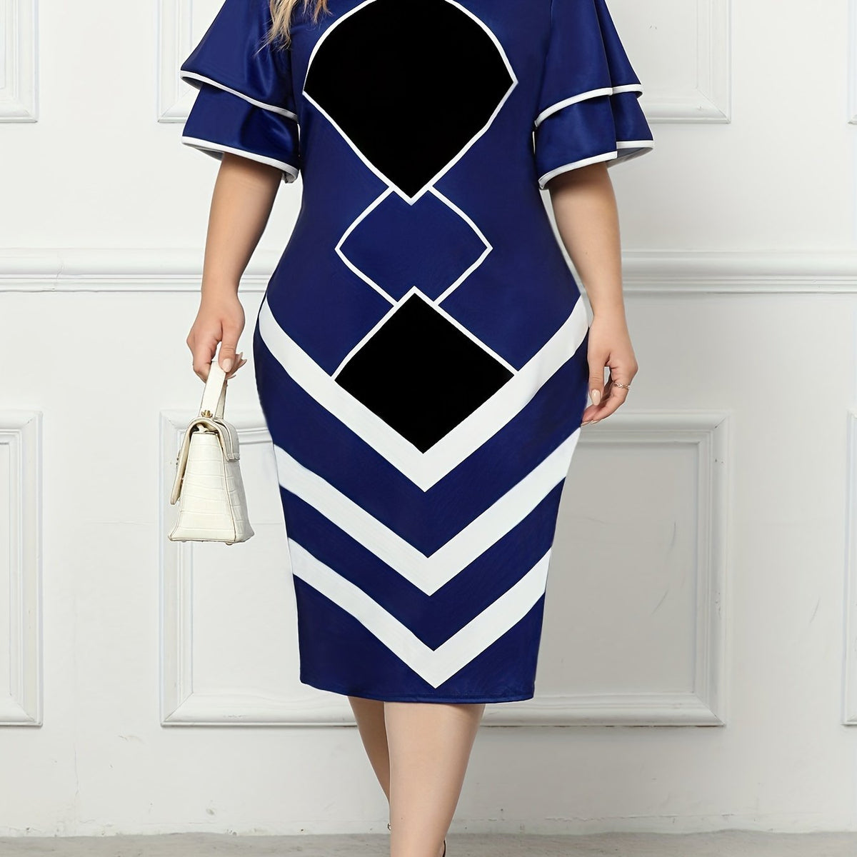  Colorblock Geometric Midi Dress V Neck Slim Fit
