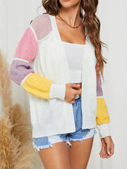 Block Knit Cardigan Open Front Lantern Sleeve Casual Sweater For Winter