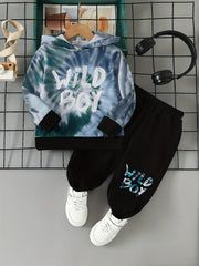 2pcs Boys Tie dye And WILD BOY Letter Graphic Print Boys Casual Hooded Sweatshir