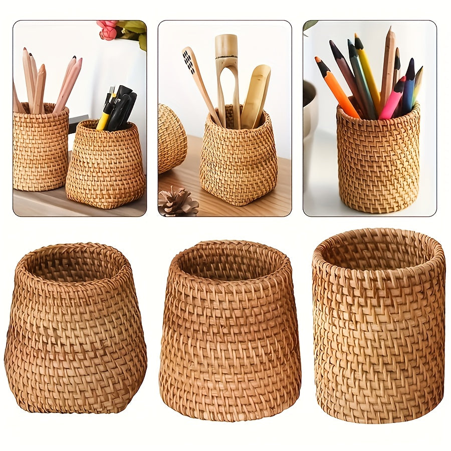 Rattan Pen Holder Storage Box for Cosmetics & Tableware Decor