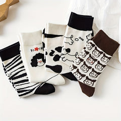 5 Pairs Cartoon Print Comfy Mid Tube Socks Women's Stockings