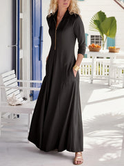  Solid Half Zipper Long Sleeve Maxi Dress