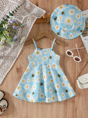 2pcs Baby Girls Daisy Print Suspender Dress Hat Set
