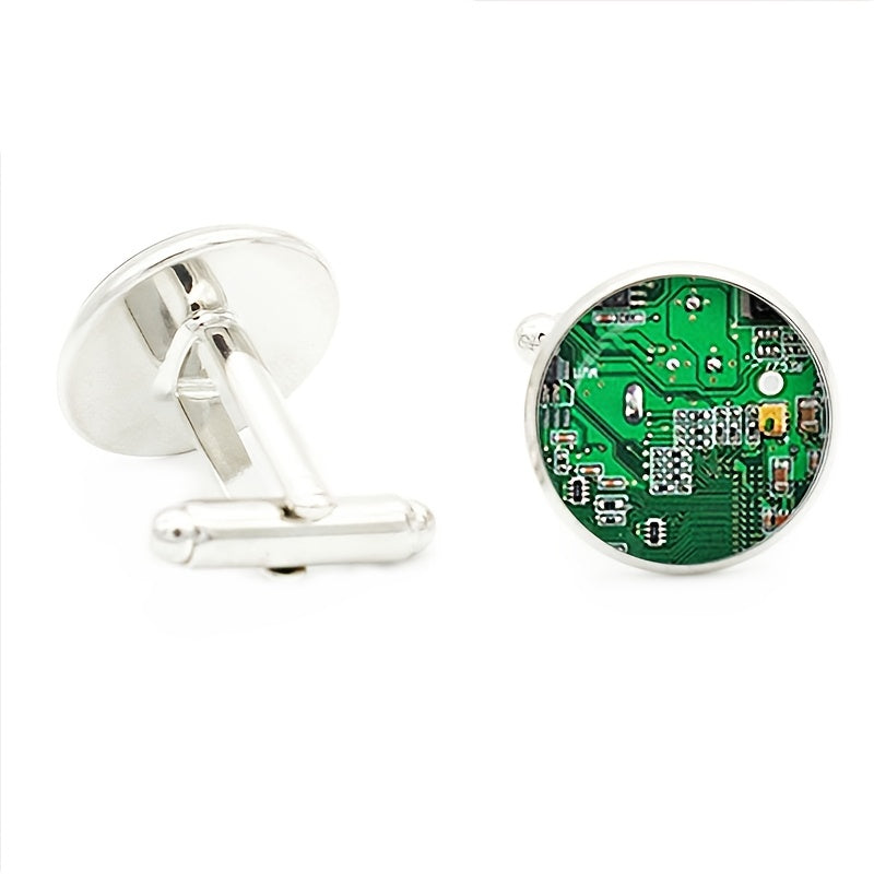 Circuit Board Photos Cufflinks Glass Gem Rhodium Plated Base Jewelry
