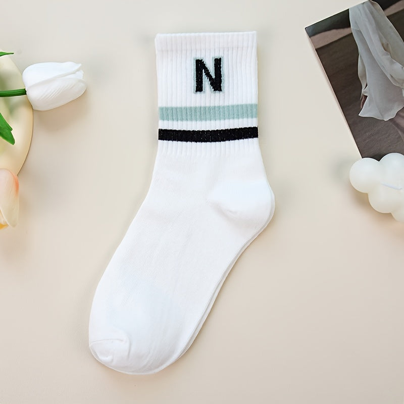 Letter & Stripe Print Socks Women's Mid Tube Stockings