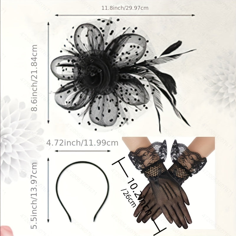 3PCS Fascinators Hat Gloves Sets Feather Flower Pearl Headband Pillbox Veil