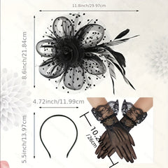 3PCS Fascinators Hat Gloves Sets Feather Flower Pearl Headband Pillbox Veil