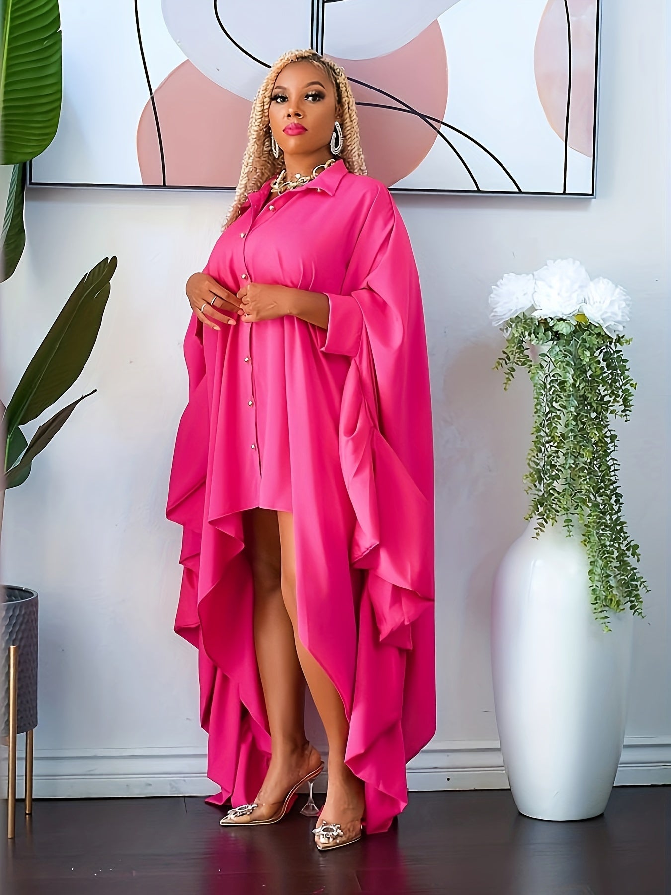  Solid Draped Batwing Sleeve Button Up Shirt Dress