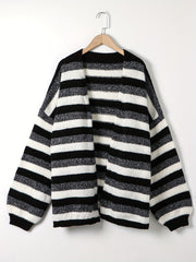 Colorblock Stripe Lantern Sleeve Cardigan